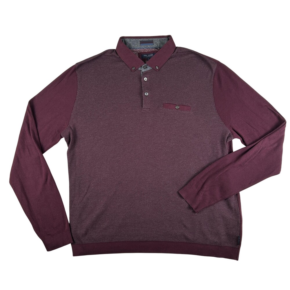 Ted Baker Sweater Mens 3XL Red Geometric Knit Collared Long Sleeve Pullover Polo